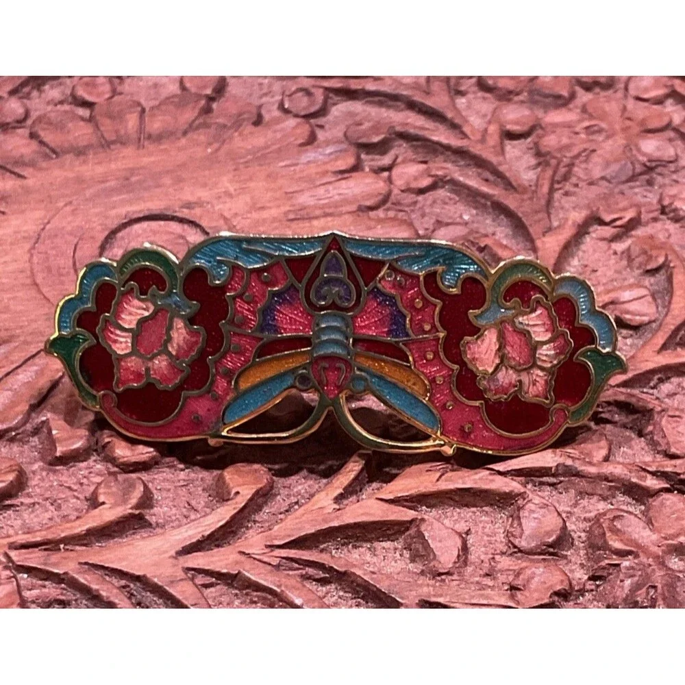 Vintage Cloisonné Butterfly Hair Barrette Gold Tone Colorful Enamel Safety Clasp